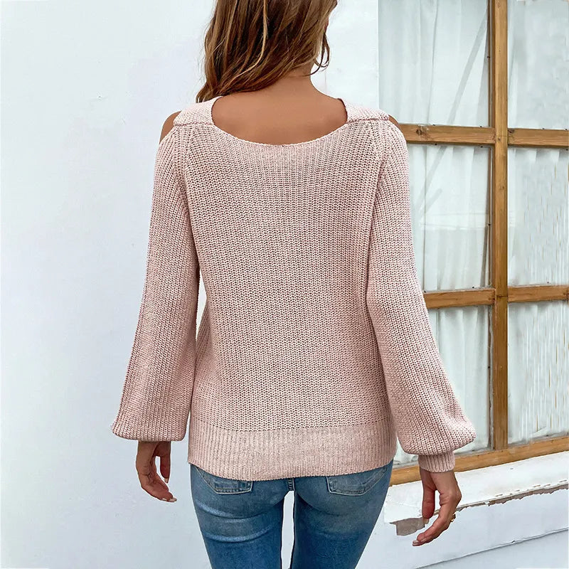 Maglione lavorato a maglia da donna – Spalle scoperte e scollo incrociato