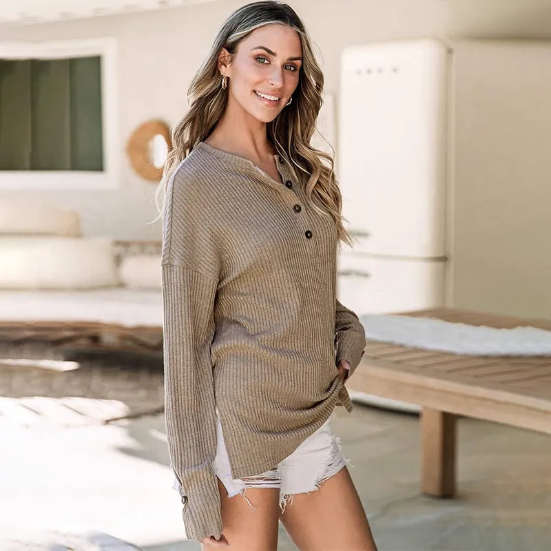 Maglione leggero da donna in maglia – Collo abbottonato in stile primaverile